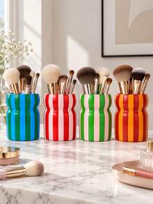 1pc Colorful Striped Makeup Brush Holder, Glossy Vanity Organizer For Brushes And Beauty Tools - Multicolor - View 1