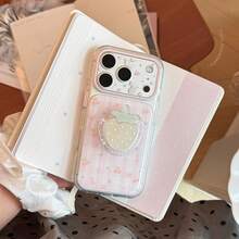 Kawaii Strawberry Shape Mirror Phone Grip Stand, Transparent Glitter Star Decor Foldable Phone Socket Holder, Cute Portable Phone Accessory For Girls - Multicolor - View 2