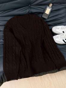 Plus Size Women's Vintage Cable Knit Long Sleeve Pullover Sweater, V-Neck, Versatile For Daily Wear And Commuting, Comfortable And Thick For Home And Autumn/Winter - Brown - View 6