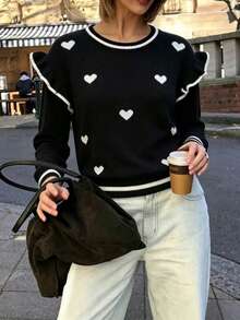 Elegant Elegant Heart Contrast Color Patchwork Pullover Sweater With Ruffle Design, Loose Fit Versatile Long Sleeve Casual Knit Top For Women, Autumn/Winter Valentine's Day Date - Black - View 10