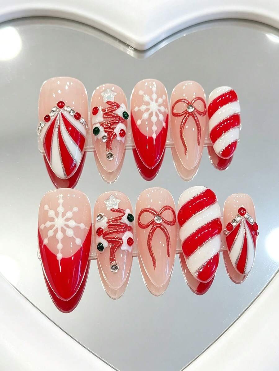 10pcs Y2K Nails Handmade,Pink Nails,Red Nails,Christmas Pattern Nails & White Snowflake Pattern Nails,Perfect For Parties & Daily Wear.Stiletto Nails.Handmade Press On Nails Stiletto,Fake Nails,Handmade Nails,Cute Nails,Christmas Nails Stickers - Red - View 1