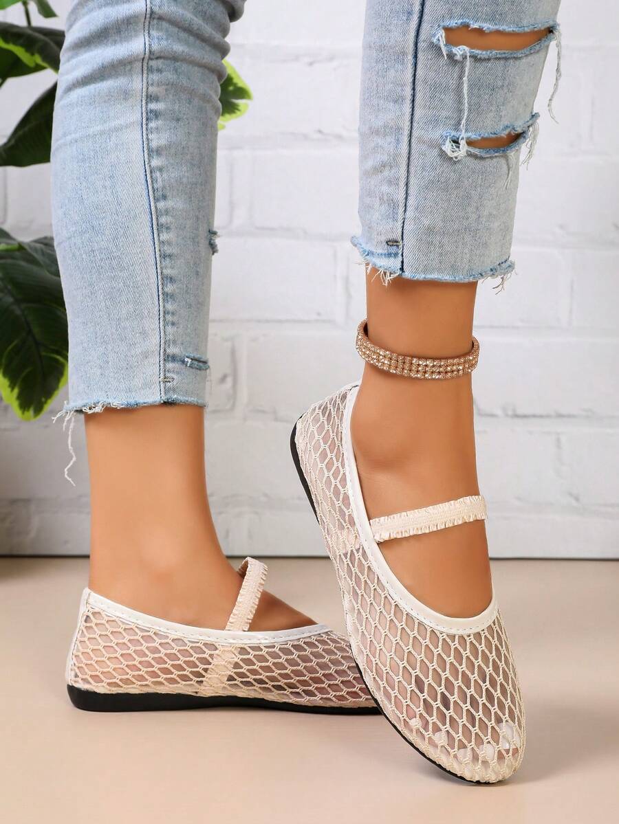Apricot Mesh Mary Jane Flat Shoes For Women, Elastic Strap Breathable Mesh Slip On Shoes, Daily Casual Round Toe Flats - Apricot - View 1