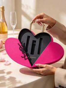 Yves Saint Laurent Heart-Shaped Pink & Black Cosmetic Storage Box With Gold Handle, Suitable For Organizing Makeup Accessories, Fashionable & Cute With A Touch Of Luxury - Pink - View 3