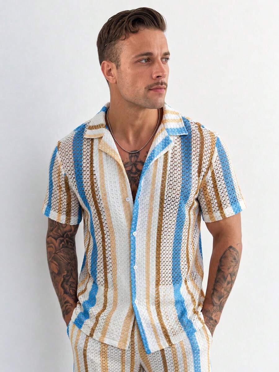 Men's Casual Colorblock Striped Shirt, Summer - Multicolor - View 1
