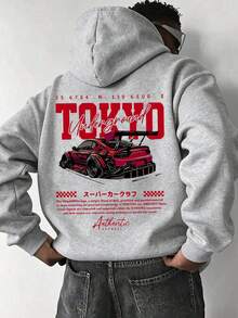 大尺碼男士東京地下賽車背印連帽衫，休閒落肩長袖套頭衛衣，適合戶外穿著，秋冬返校季 - 灰色 - 查看 1