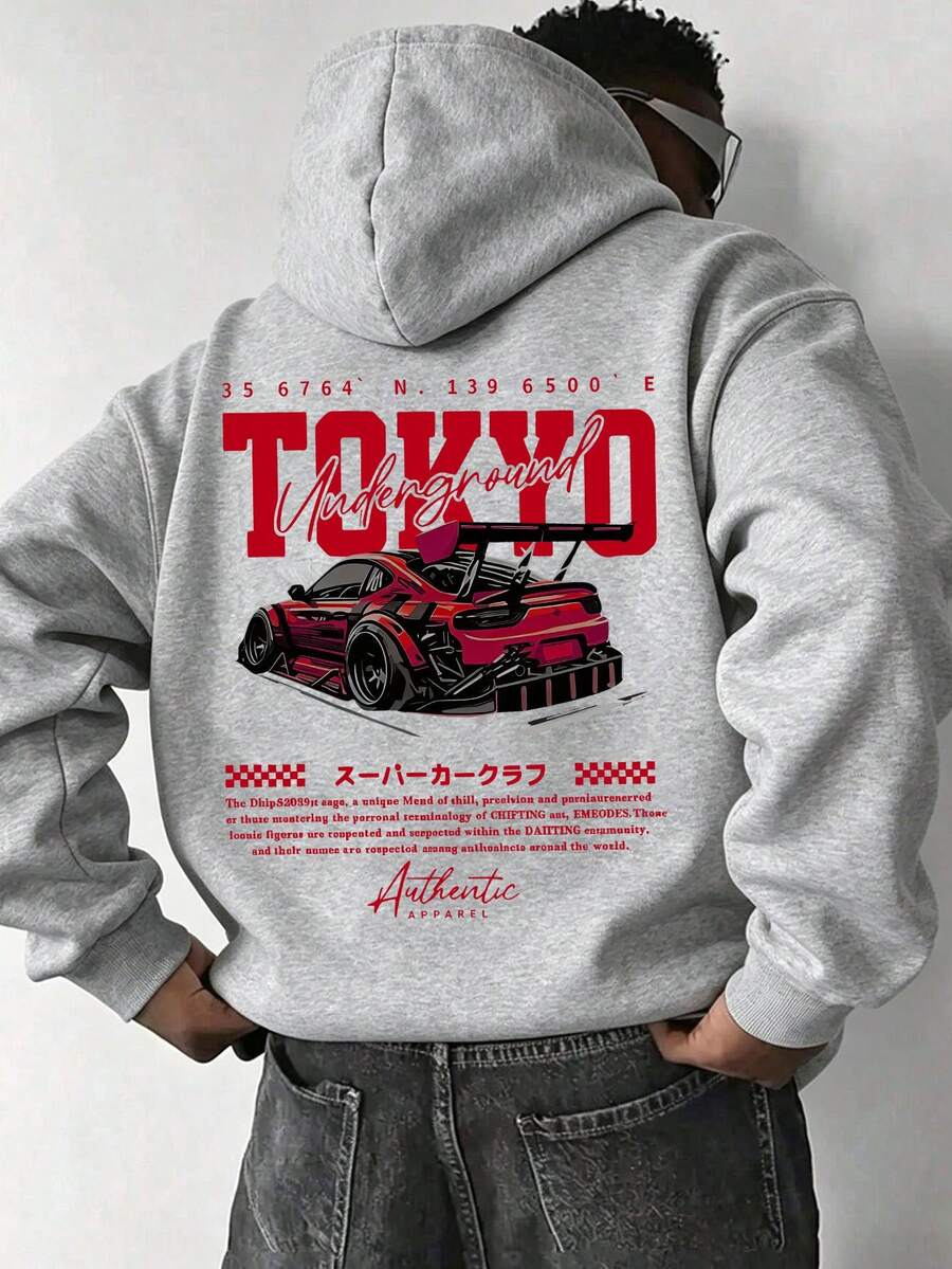 大尺碼男士東京地下賽車背印連帽衫，休閒落肩長袖套頭衛衣，適合戶外穿著，秋冬返校季 - 灰色 - 查看 1
