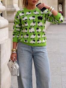 Sheep Pattern Crew Neck Sweater, Casual Long Sleeve Knit Sweater, Women, Christmas & New Year Fall - Green - View 2