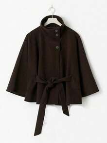 Women's Short Stand Collar Cape Coat, Suitable For Daily/Shopping/Dating/Dining And Other Occasions - Coffee Brown - View 9
