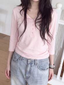 Women's Solid Color Casual Button Half Sleeve Henley T-Shirt - Pink - View 2