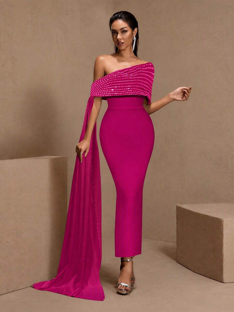 Women's Autumn Beaded Tie Splice Off Shoulder Fitted Dignified Maxi Dress - Hot Pink - View 1