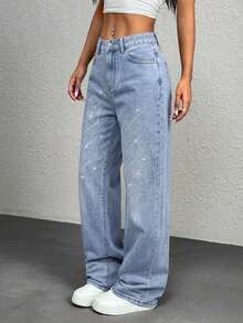Women Wide Leg Jeans Rhinestone Geometric Sparkle Blue Straight Leg Denim Casual Business Professional Y2K Elegant Vacation ,Fall Winter - Blue - View 5