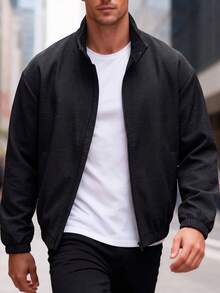 1pc Men's Black Stand Collar Zipper & Snap Button Drop Shoulder Loose Fit Elastic Cuff & Hem Solid Color Street Style Jacket, Suitable For Daily Commute, Outdoor Leisure, Travel - Black - View 3