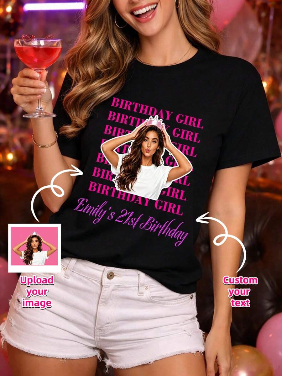 Custom Face Tee | Personalized Birthday DIY Creative Gift T-Shirt, 90s Vintage Style Gift Top For Her Him - Black - View 1