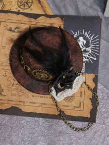 One Vintage Steampunk Feather Top Hat For Women, Coffee Hair Clip Mini Hat With Black Flower & Gear Decor, Halloween Stage Party Costume Hat - Fedora - View 6