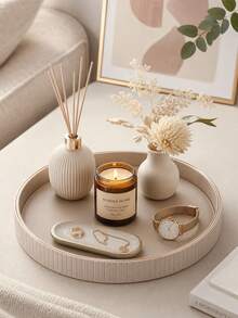 Gold Rimmed Vertical Striped Round Decorative Tray, PU Leather Tray For Tabletop Decor, Home Decor, Desk Organizer Tray For Jewelry, Perfume, Keys - Luxurious Aesthetics - Multicolor - View 13