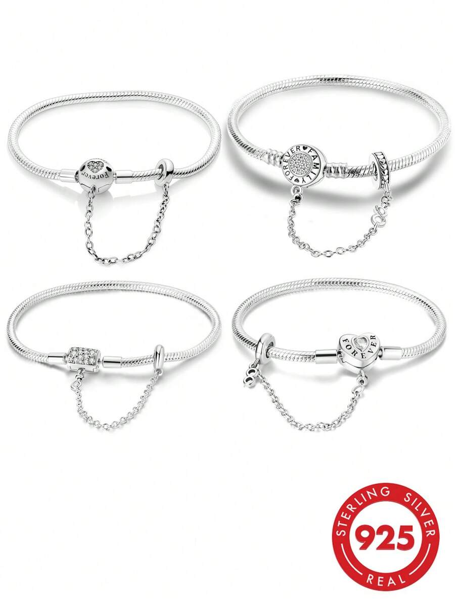 1pc S925 Sterling Silver Snake Chain DIY Base Bracelet, Multiple Rhinestone Heart & Cylinder Lock Clasp Options With Safety Chain, Minimalist Versatile Design, Compatible With Various Beads & Charms, Gift Box Included, Handmade DIY Jewelry Base, Gentle Holiday Gift Accessory - Silver - View 1