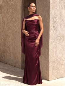 UNITHORSE Strapless Ruffle Tie Waist Satin Evening Dress - Maroon - View 3