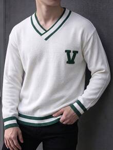 Boys' American Letter V-Neck Sweater, Autumn/Winter Fashion Collegiate Style Knit Pullover, Big Teen Boy Long Sleeve Versatile Top - White - View 3