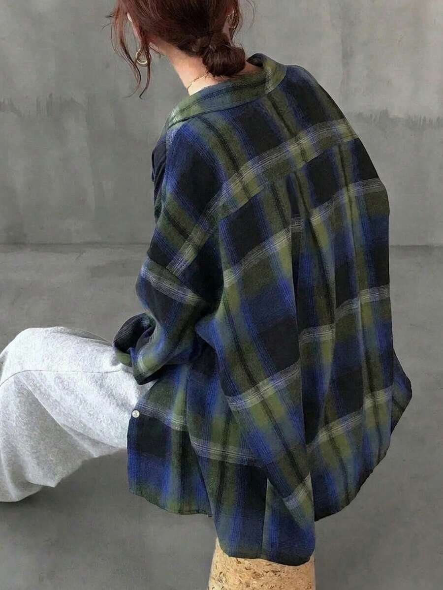 Áo khoác sơ mi dáng dài tay dài phong cách vintage YCYC Design - Màu xanh lam - Xem 1