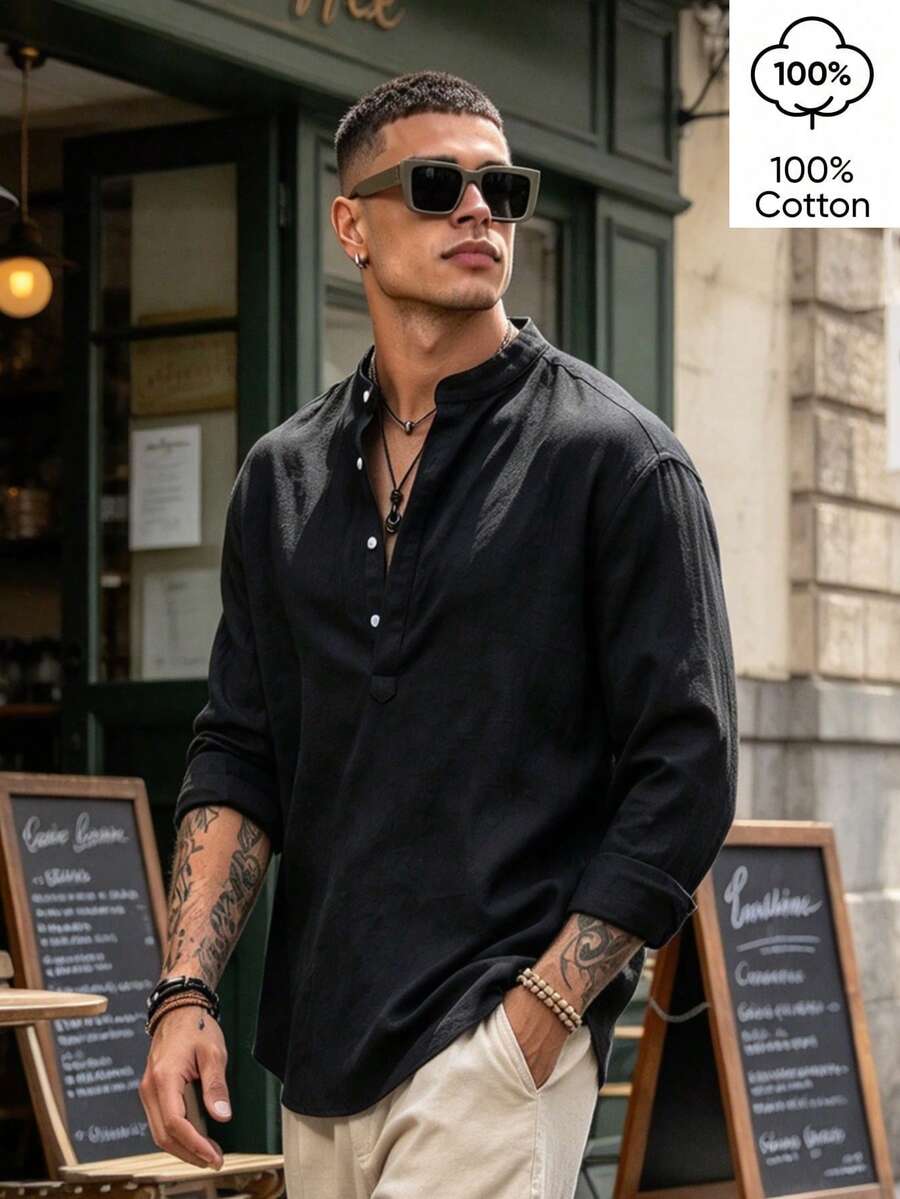 WAIT HIM 100% Cotton Men's Casual Solid Color Henley Collar Long Sleeve Shirt - Black - View 1