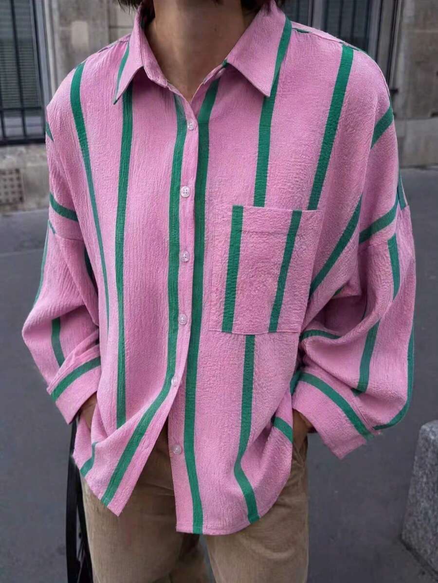 Plus Size Pink & Green Vertical Striped Button-Down Shirt, Women's Lapel Collar Long Sleeve Pocket Loose Casual Blouse - Pink - View 1