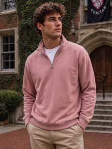 Men's Half-Zip Stand Collar Sweatshirt, Casual Commute Solid Color All-Match Comfortable Versatile Half-Opening Top - Pink - View 1