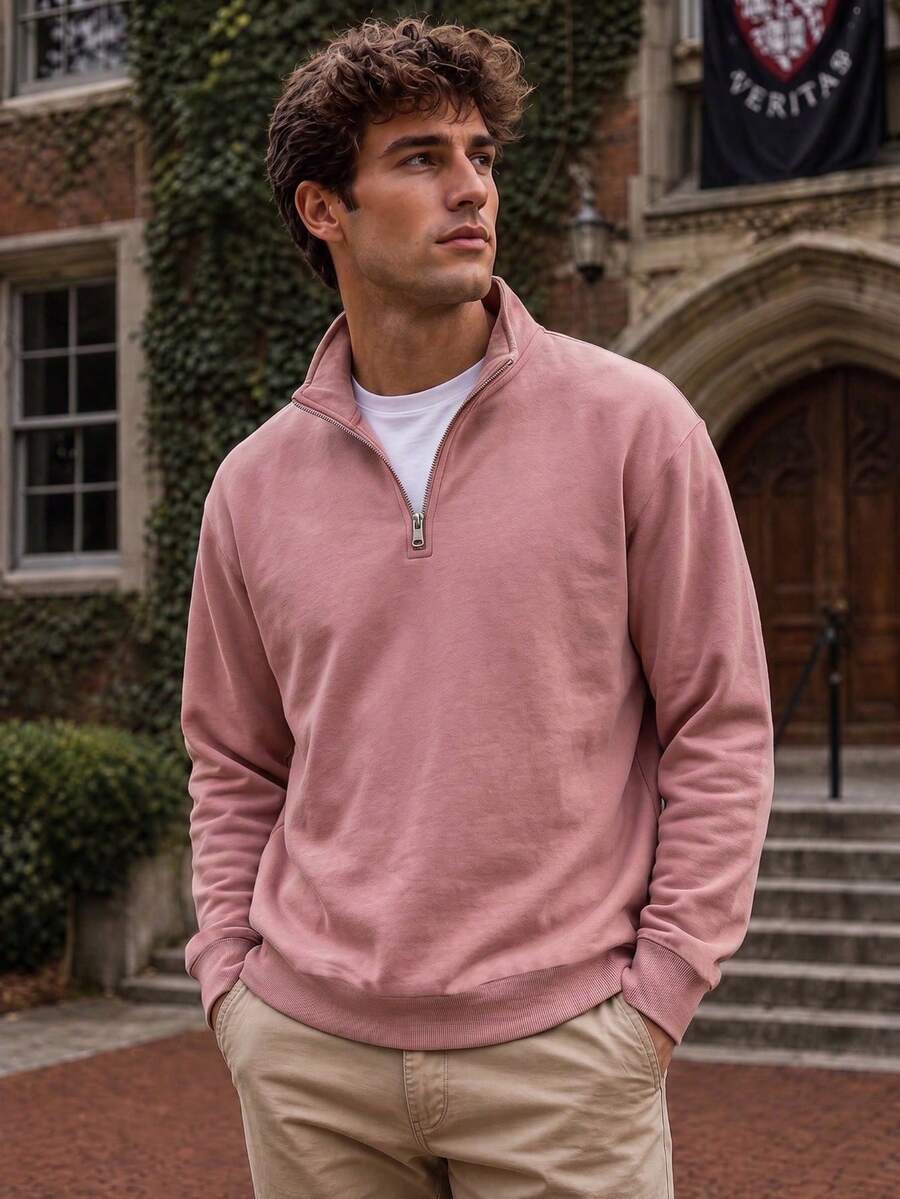 Men's Half-Zip Stand Collar Sweatshirt, Casual Commute Solid Color All-Match Comfortable Versatile Half-Opening Top - Pink - View 1