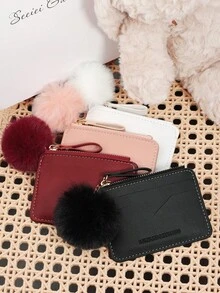 Fashionable Zipper Multi Slot Wallet, With A Pom-Pom Charm, Multi Card Slot, Large Capacity Credit Card Storage Bag, Suitable For Outdoor Use - Pink - View 3