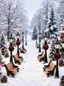 6/4/2/1pc Christmas Street Lamp & Bench Ornament Set, Christmas Decor, Christmas Wreath Decoration, Suitable For Winter Snow Scene Decoration, Christmas Scene Diorama, Desktop Display Decoration, Applicable For Holiday Tabletop Arrangement, Window Display, DIY Scene Assembly, Great For Christmas Atmosphere Decoration, Suitable For Desktop Landscaping, Christmas Decor - Multicolor - View 5