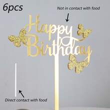 1pc/3pcs/6pcs Gold Happy Birthday Butterfly Acrylic Cake Topper, Suitable For Birthday Party Cake Decoration - Multicolor - View 15