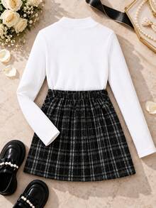 Autumn/Winter Girls Fashion Sweet Lace Ruffle Collar Ribbed Knit Long Sleeve Stand Collar Top & Elastic Waist Textured Pearl Button Skirt 2 Pieces Set - Black and White - View 3