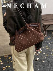1pc Large Capacity Solid Color Premium Fashion Shoulder Casual Daily Tote Bag - Coffee Brown - View 2