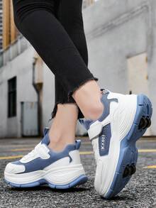 BLSART 1 Pair Kids White & Blue Colorblock 4-Wheel Roller Shoes, Mesh Breathable Hook-And-Loop Casual Dual-Use Skating Shoes With Removable Wheels - Dusty Blue - View 1