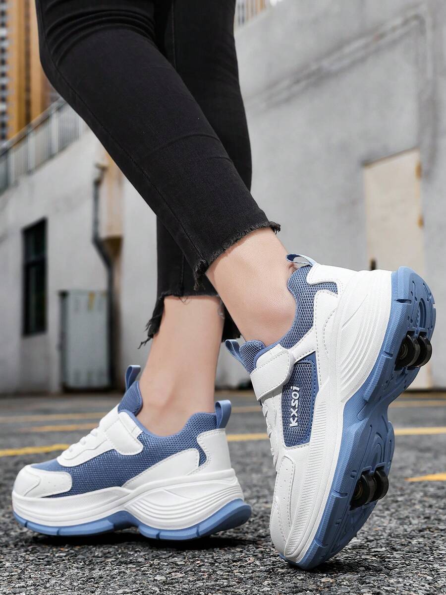 BLSART 1 Pair Kids White & Blue Colorblock 4-Wheel Roller Shoes, Mesh Breathable Hook-And-Loop Casual Dual-Use Skating Shoes With Removable Wheels - Dusty Blue - View 1
