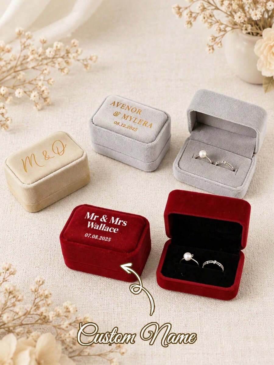 Caja de Anillo de Boda Personalizada, Caja de Anillo de Compromiso, Caja de Anillo de Propuesta, Caja de Anillo Moderna, Regalo de Aniversario, Soporte de Exhibición Personalizable con Forro de Terciopelo, Capacidad para 2 Anillos, Adecuado para Boda, Compromiso, Almacenamiento de Joyas de Propuesta - Multicolor - Ver 1
