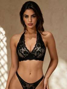 Temptuelle Lace Halter Bra For Small Bust Women, Sexy Backless Wireless Soft Support, Suitable For Flat Chest - Black - View 3