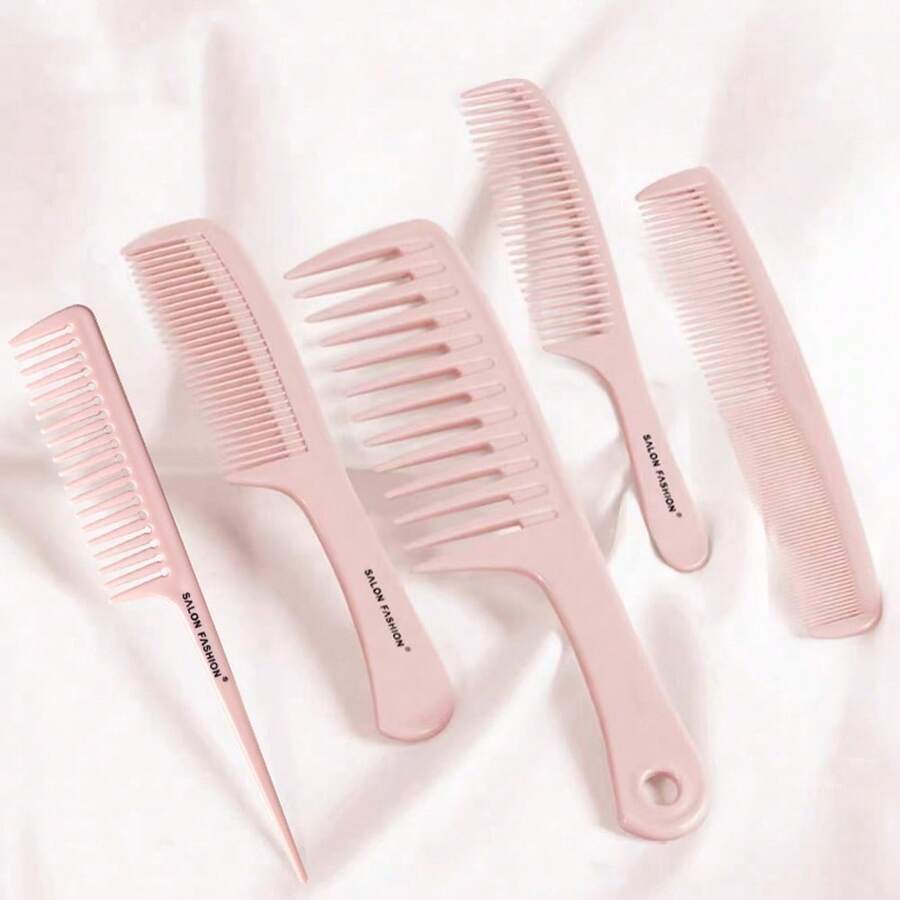 Women's 1pc/5pcs Wide Tooth Comb Set, Styling Comb Set, Suitable For Various Hairstyles And Detangling - Wide Tooth, Fine Tooth, Tail Comb, Hair Styling, Double Wide Tooth Comb, Suitable For Wet Hair, Wavy Hair, Thick Curly Hair - Pink - View 1