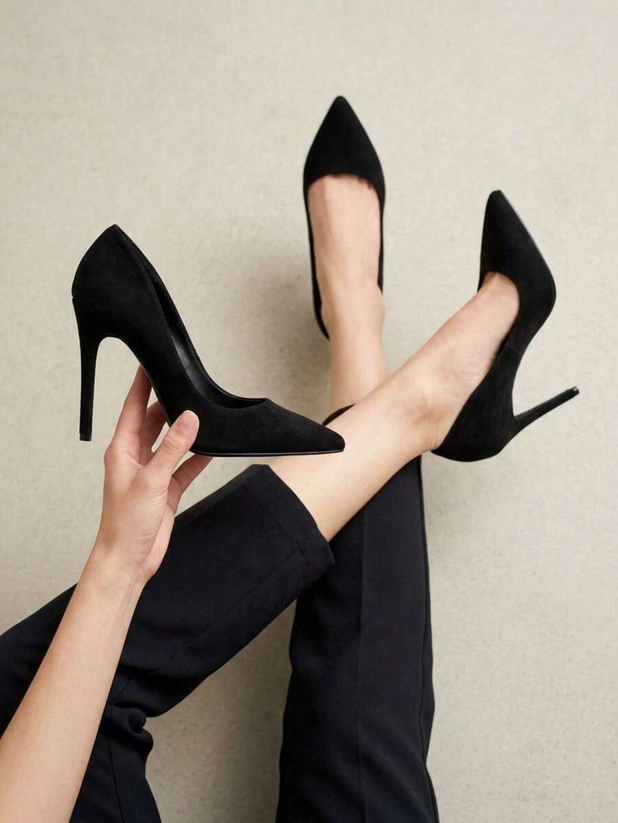 Zapatos de tacón de mujer con punta elegante de recubierto artificial negro, stilettos de tacón alto - Negro - Ver 1