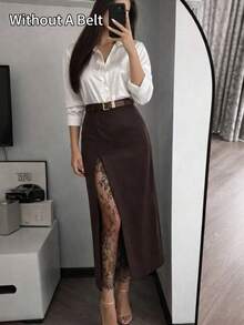 Autumn/Winter High Waist Slit Sexy Brown Lace Patchwork Elegant Long Skirt Niche Luxury - Brown - View 1