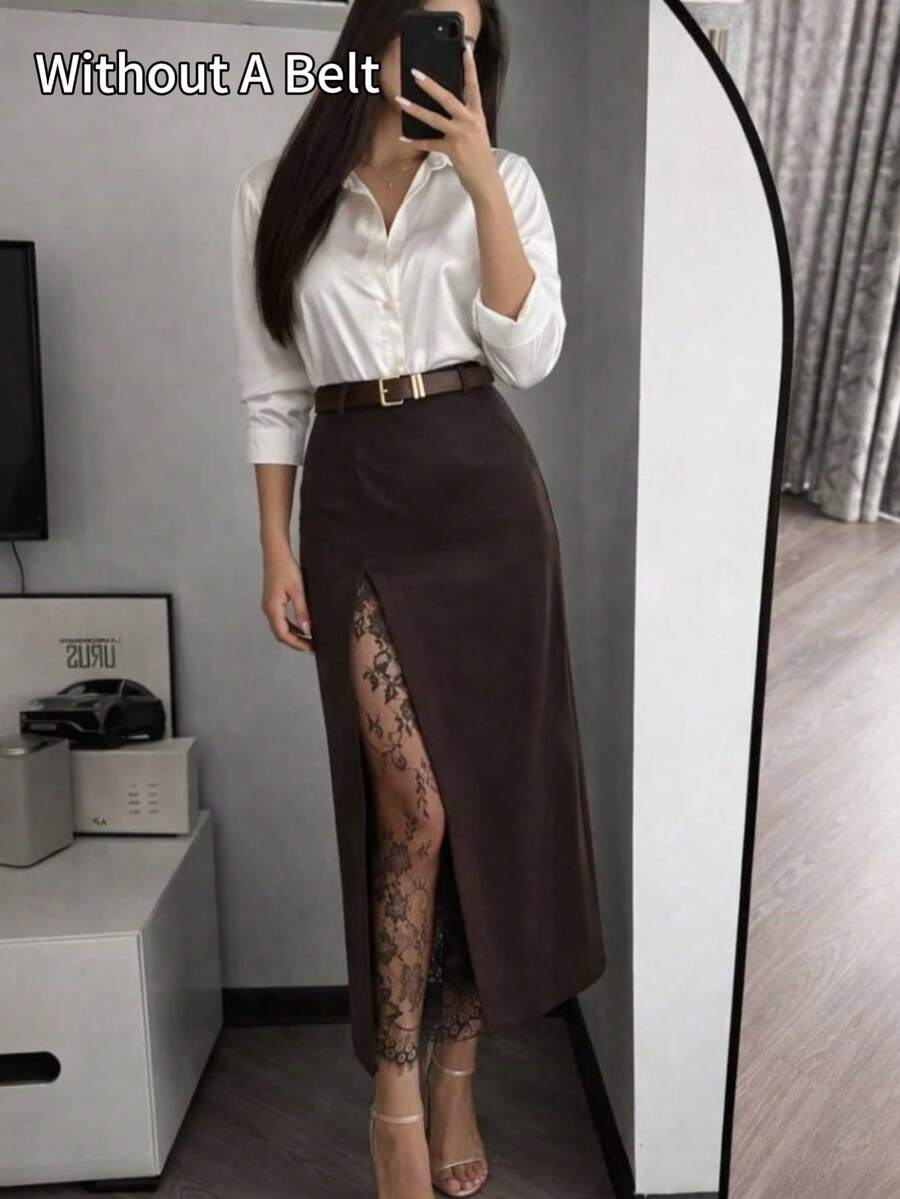 Autumn/Winter High Waist Slit Sexy Brown Lace Patchwork Elegant Long Skirt Niche Luxury - Brown - View 1