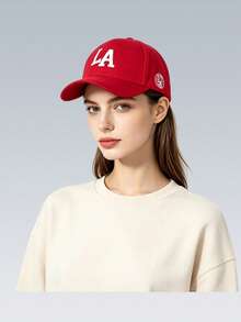 1pc Embroidered LA Baseball Cap, Adjustable Sun Protection Casual Hat For Outdoor, Spring/Autumn Travel, Beach Vacation, Men's Sun Hat, Y2K Style Youth Cap - Red - View 1