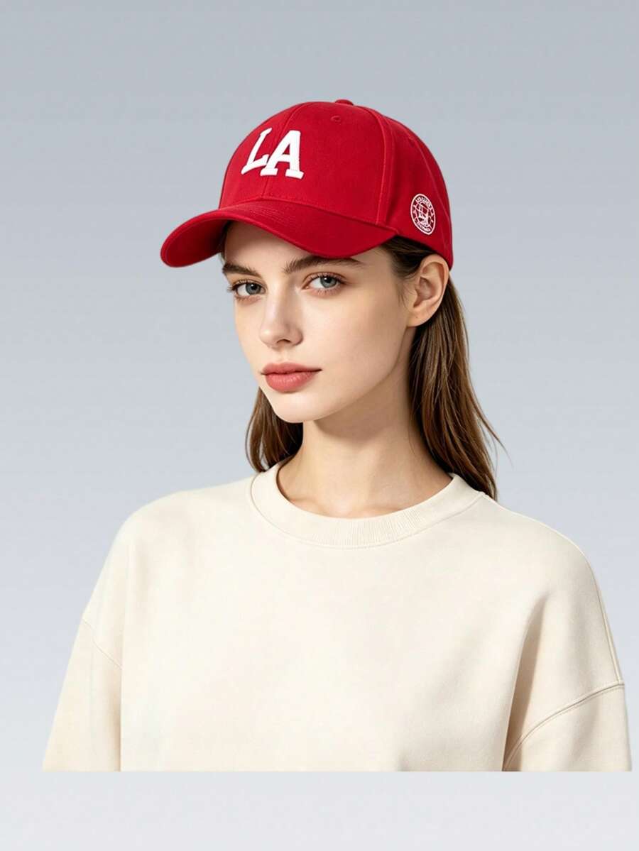 1pc Embroidered LA Baseball Cap, Adjustable Sun Protection Casual Hat For Outdoor, Spring/Autumn Travel, Beach Vacation, Men's Sun Hat, Y2K Style Youth Cap - Red - View 1