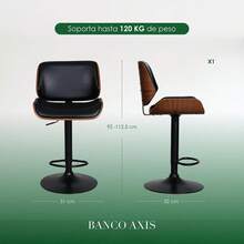 Taburete de Bar Ajustable con Pistón de Gas y Giratorio 360°, Silla de Bar Tapizada en Piel Vegana Negra con Estructura de Madera Curvada Chapa de Nogal, Base de Metal Negro y Reposapiés, Diseño Mid-Century para Barra de Cocina, 51 * 52 * 92-112.5 cm - Negro - Ver 6