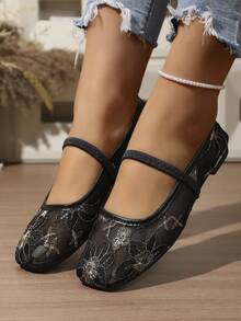 Square Toe Shallow Cut Ballet Flats, Hollow Mesh Embroidery Flat Shoes, Breathable & Lightweight, Elegant & Comfortable, Suitable For Daily Commute - Black - View 5