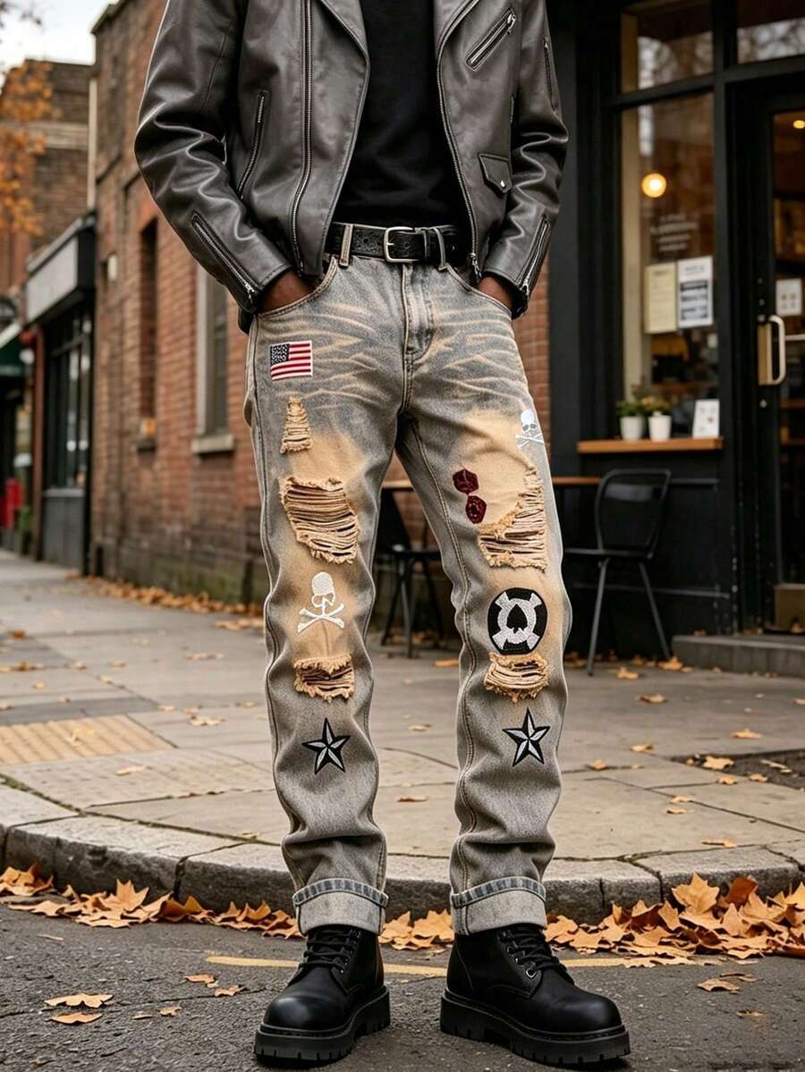 Men's Halloween Jeans Set | Vintage Distressed Ripped Jeans, Eerie Street Style - Camel - View 1