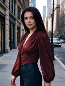 Women's Burgundy V-Neck Ruched Short Long Sleeve Blouse With Gathered Chest, Gold Button Design Puff Sleeve Short Shirt, Suitable For Autumn/Winter Daily Casual Commute, Outing And Dating - Redwood - View 6