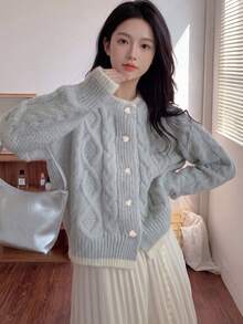 Alicedudu Women's Long Sleeve Casual Slouchy Cable Knit Heart Button Cardigan - Light Grey - View 1