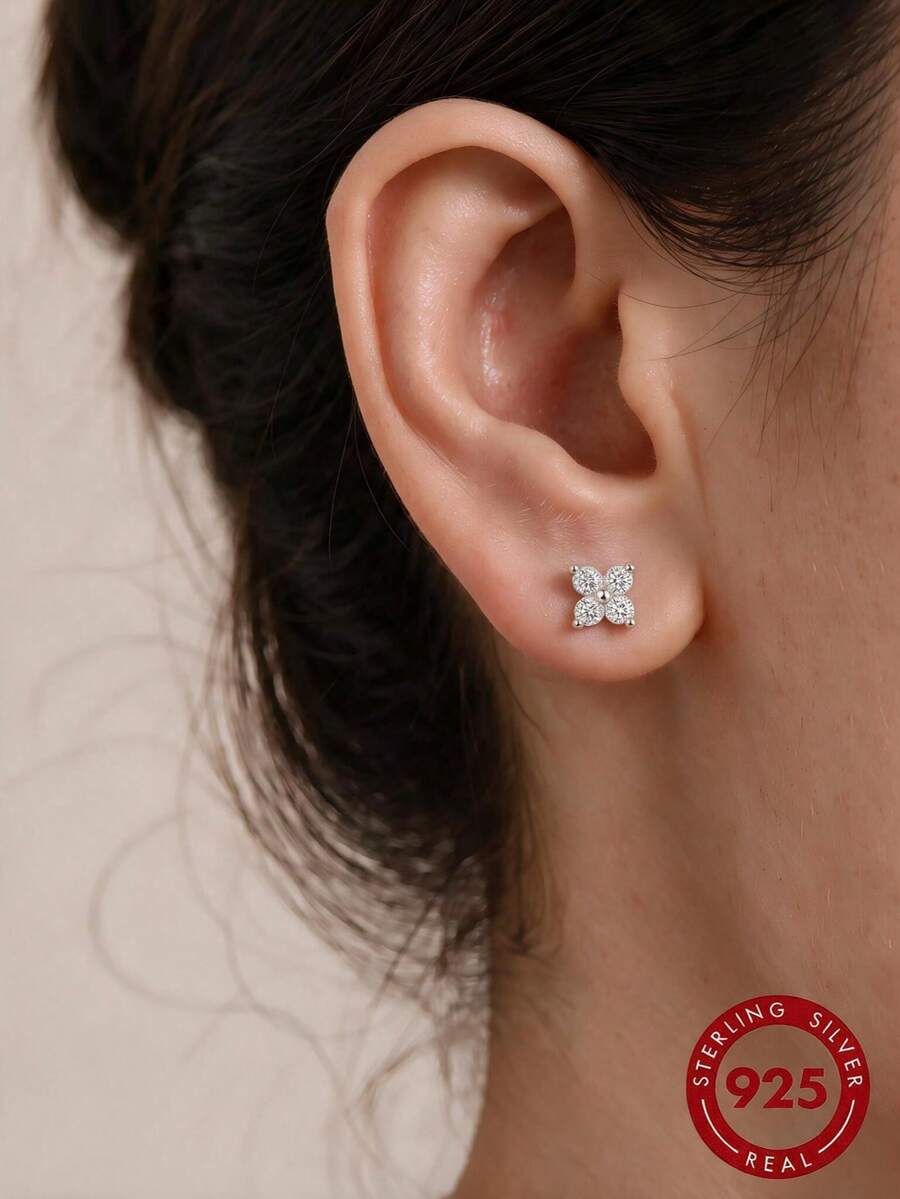 S925 Sterling Silver Four-Leaf Clover Zirconia Earrings, 2 Colors Available, Delicate Paved Diamonds, Hypoallergenic, Versatile For Work & Gift