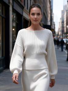 Women's Boat Neck Ribbed Knit Lantern Sleeve Cinched Waist Pullover Warm Sweater, Suitable For Autumn/Winter Daily Commute, Outings, Dates, Versatile, White - White - View 5