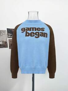 Vintage Blue & Brown Colorblock Raglan Sleeve Letter Jacquard Long Sleeve Knit Sweater Women Autumn/Winter Loose Short Crew Neck Casual Pullover - Blue and Brown - View 6